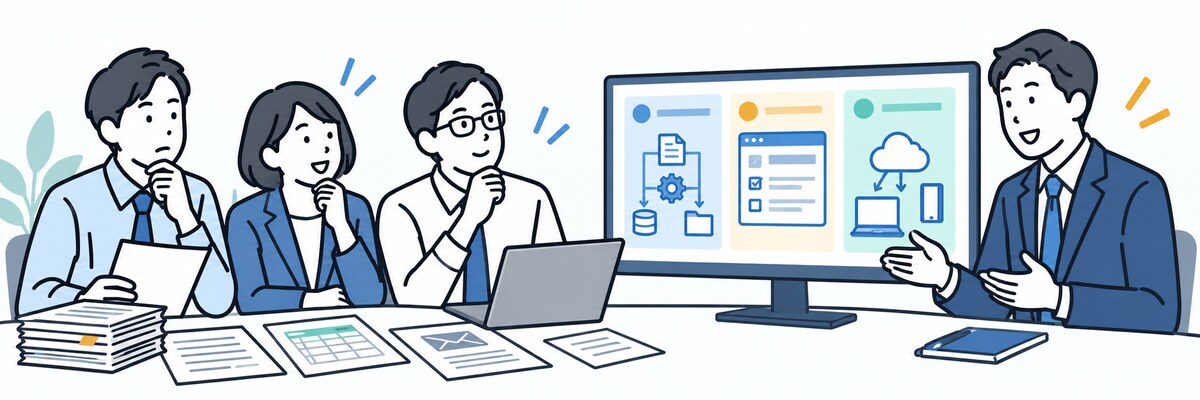 担当者の相談を聞き、Webシステムの実現方法を検討する打ち合わせのイラスト