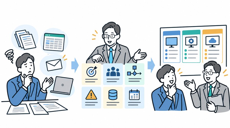 業務上の困りごとを確認し、複数のWebシステム案へ展開するイラスト