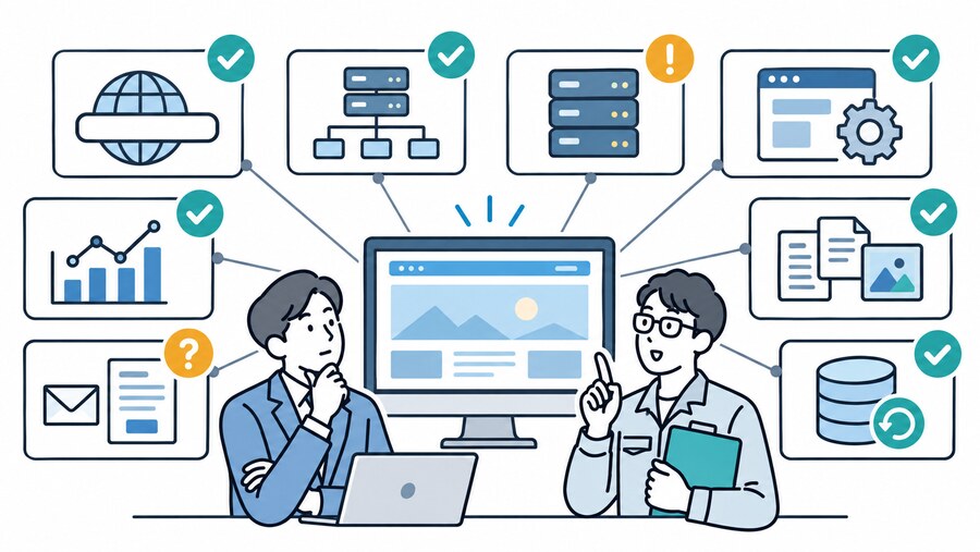 ドメイン、サーバー、CMS、アクセス解析などホームページの引き継ぎ項目を確認するイラスト