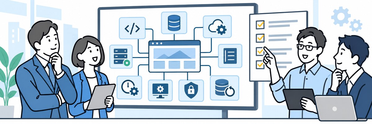 他社開発Webシステムのソースコードやデータを調査し、保守を引き継ぐイラスト