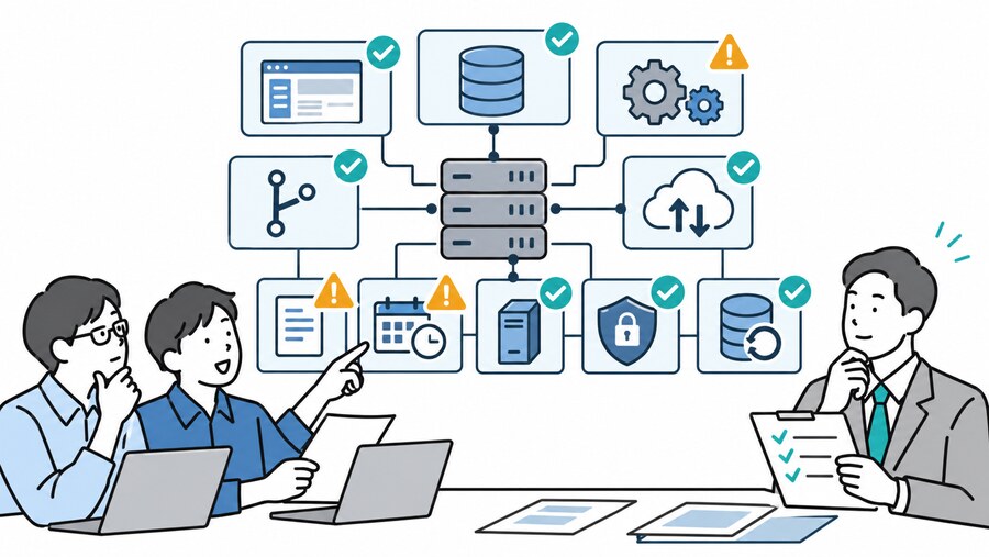 Webシステムのソースコード、データベース、サーバー、外部連携を技術者が調査するイラスト