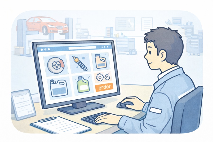 部品発注する整備工場