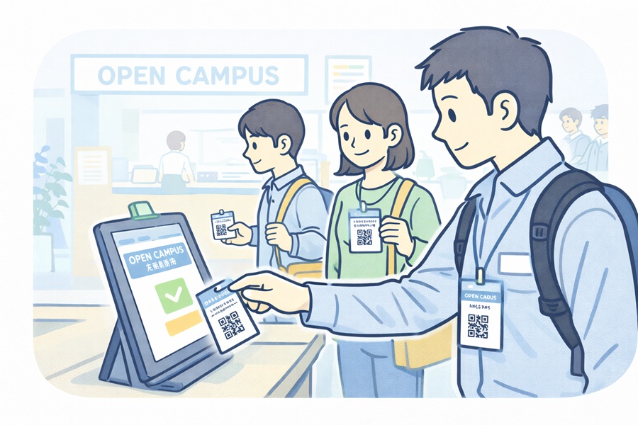 「専門学校のOCの説明会で、QRコード付きの参加証を受付端末にかざす学生