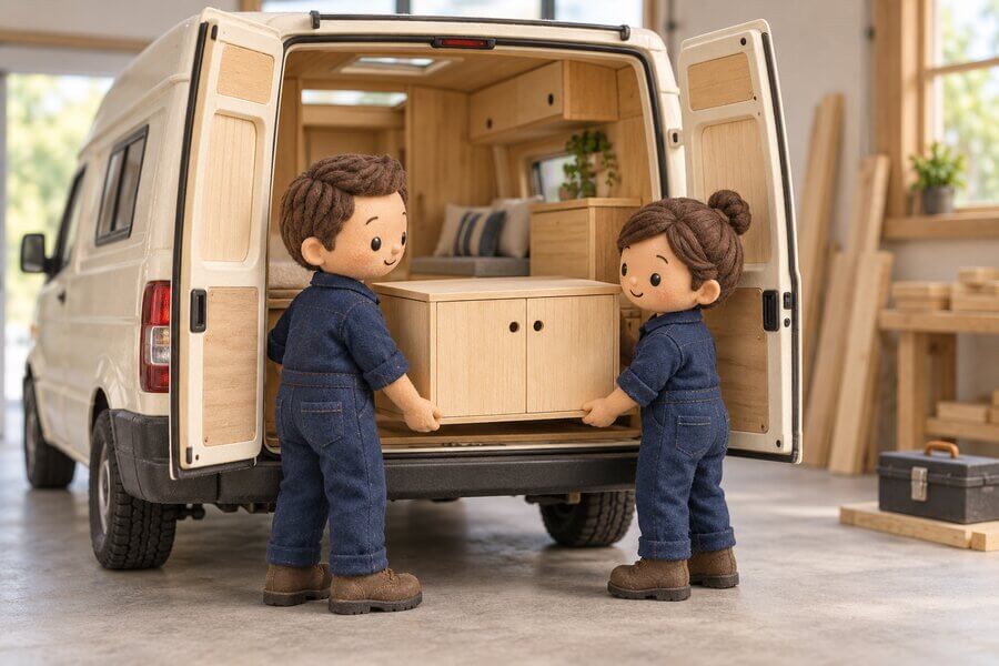 キャンピングカーの後部で木製収納を取り付ける人形風スタッフのミニチュアイラスト
