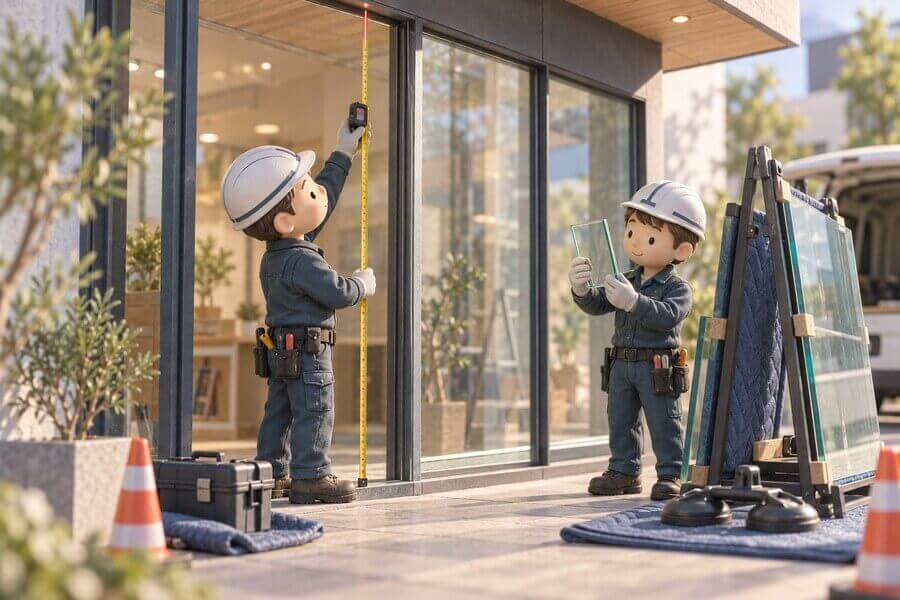 店舗の大きな建具開口を採寸する人形風スタッフとガラス・金物のミニチュア風イラスト