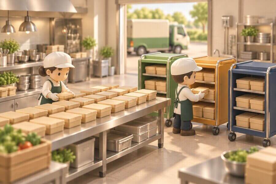 法人向け弁当を配送コース別の台車へ仕分ける中央厨房のミニチュア風イラスト