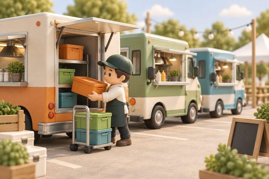 複数のキッチンカーへ仕込み箱を積み込むスタッフのミニチュア風イラスト