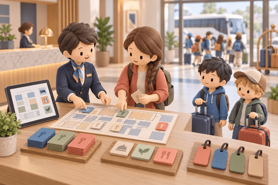旅館で修学旅行の部屋割りを小型タブレット、宿泊パンフレット、ノートで確認する幹事と施設担当者