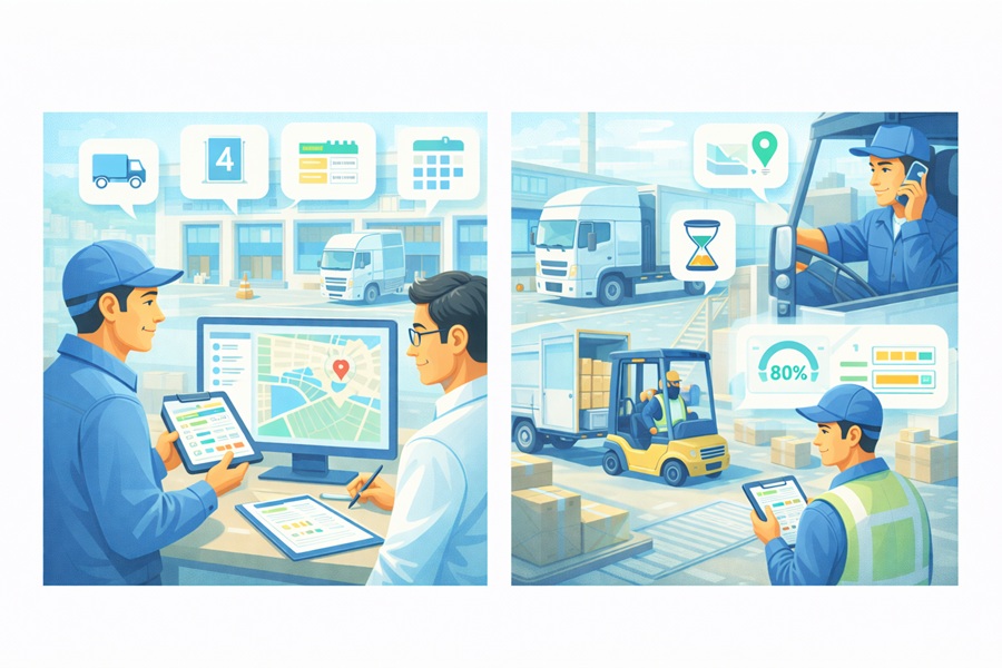 配車・運行・荷待ち・バース予約・庫内進捗をつなぐ見える化