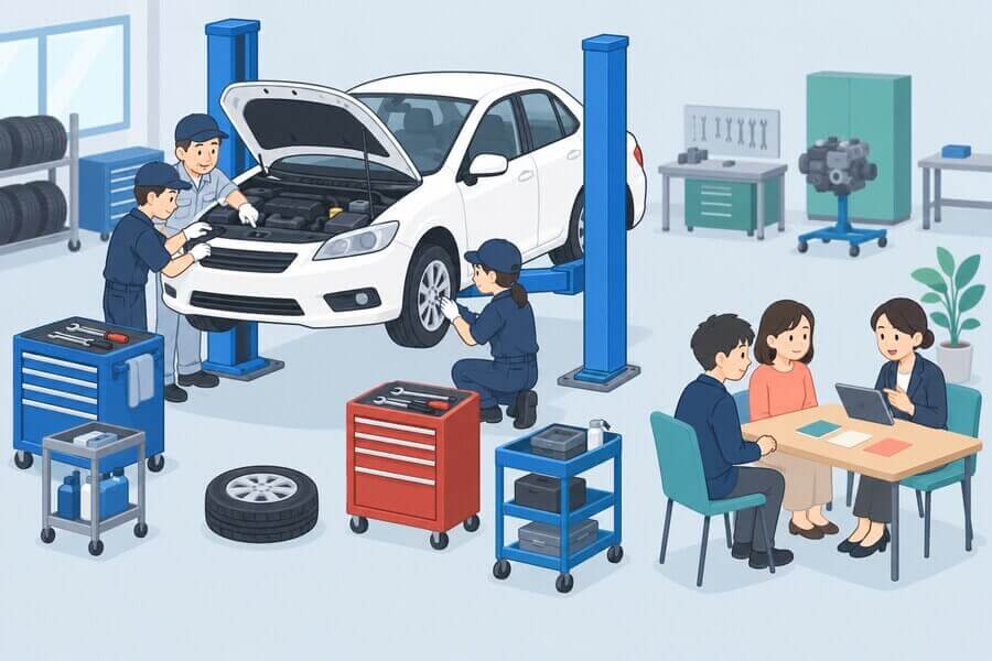 自動車整備実習場と学費相談コーナーを表したミニチュア風イラスト