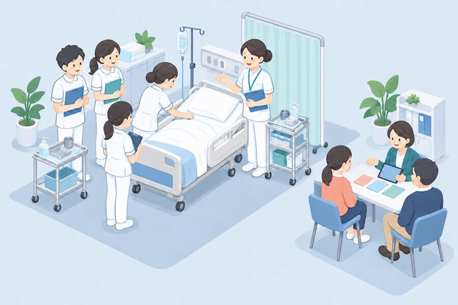 看護実習室と学費・修学資金相談コーナーを表したミニチュア風イラスト