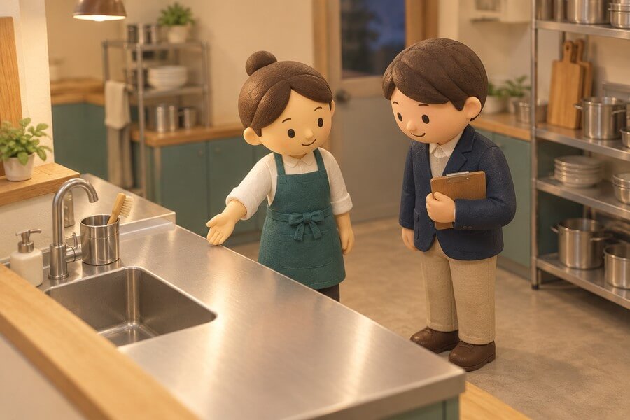 シェアキッチンの片付けを出店者と管理担当者が確認する人形風のミニチュアイラスト