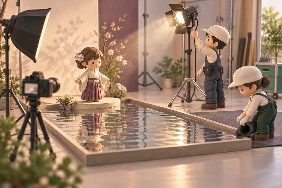水面を使う撮影セットを準備する人形風スタッフと衣装姿のモデルのミニチュア風イラスト