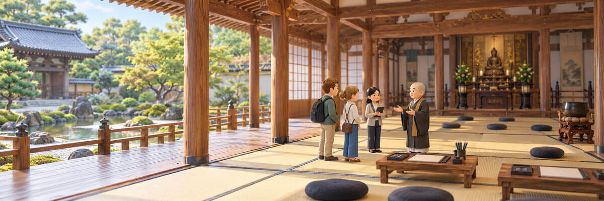 静かな寺院の境内で僧侶とガイドから体験前の説明を受ける旅行者を遠景で表したミニチュア風イラスト