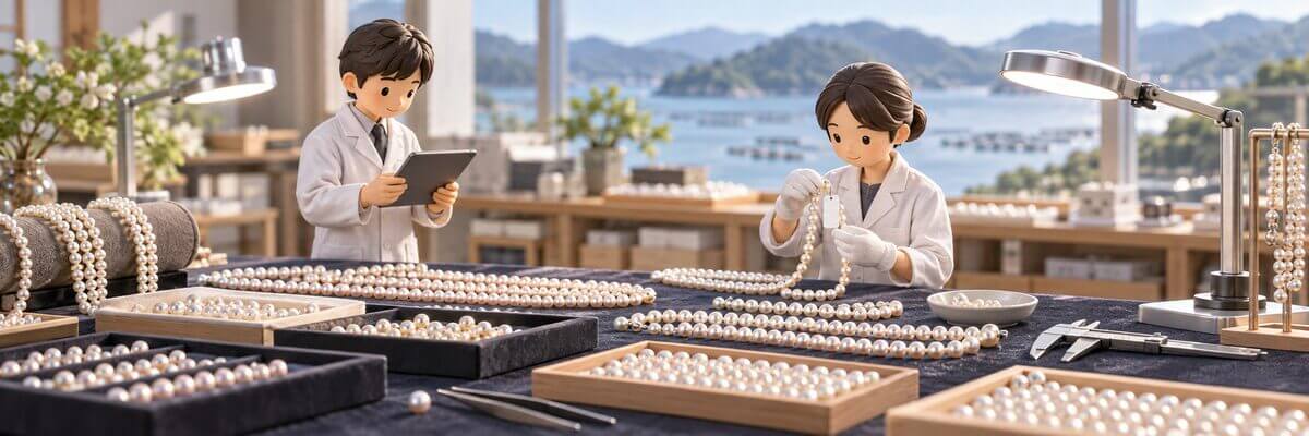 真珠の選別台で連とルースを確認する担当者を表したミニチュア風イラスト