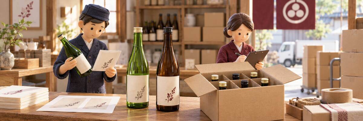 日本酒と焼酎の商品、ラベル見本、輸出用の箱を確認する担当者を表したミニチュア風イラスト